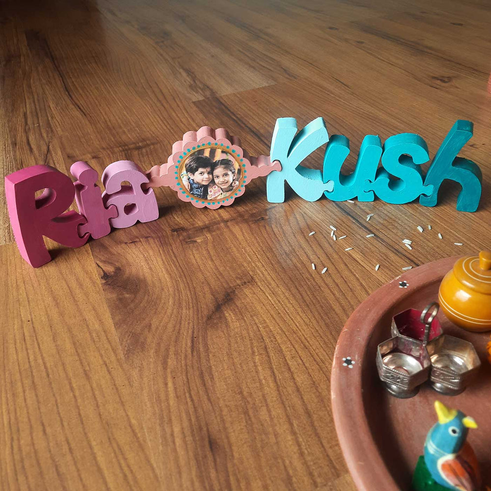 Photo Personalized Handmade Rakhi Name Block For Brother And Sister - Personalized Name Display with Photo Insert