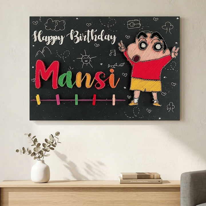 Photo Personalized String Art Shinchan'S Birthday Wooden Name Plate