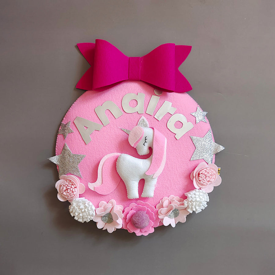 Hand Stitched Unicorn Themed Felt Kids Name Hanging - Front View Hanging with Bow