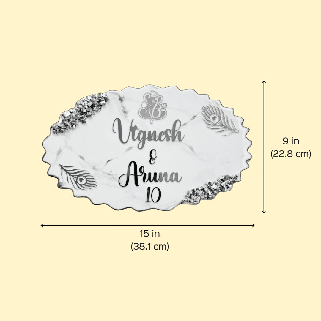 White & Gold Personalized Marble Effect Oval Resin Name Plate | With 3D Acrylic Letters & Gold Stone Embellishment