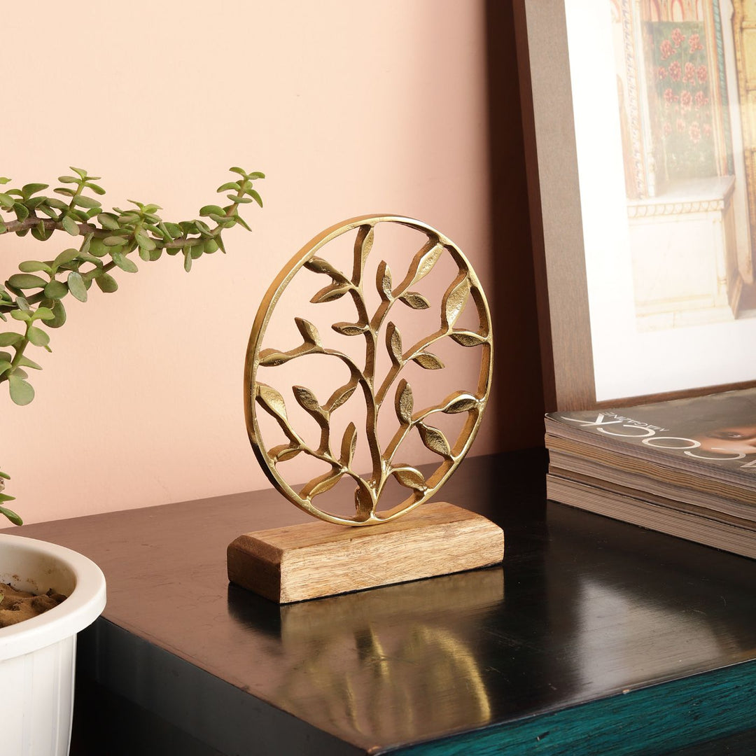 Handmade Round Gold Leaves Tree of Life Showpiece