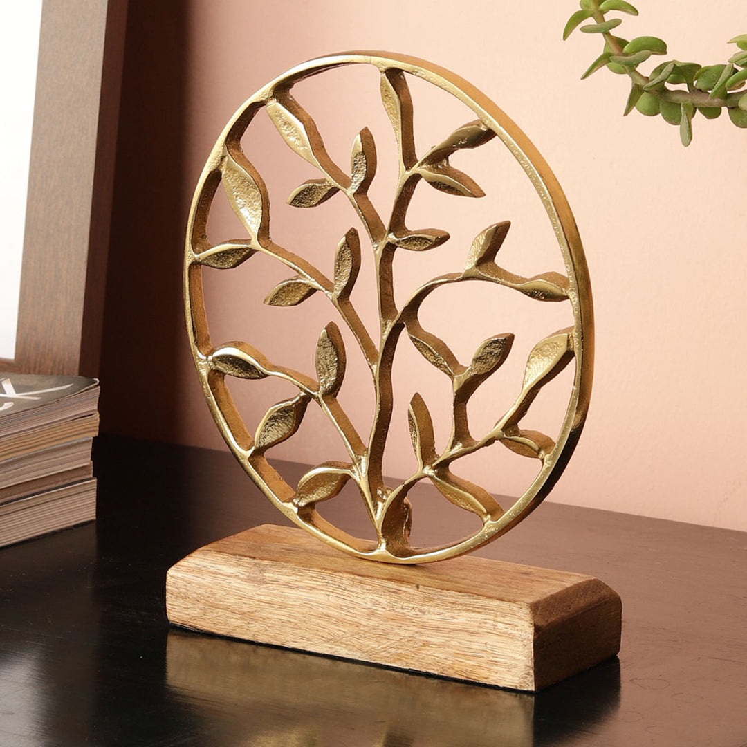 Handmade Round Gold Leaves Tree of Life Showpiece