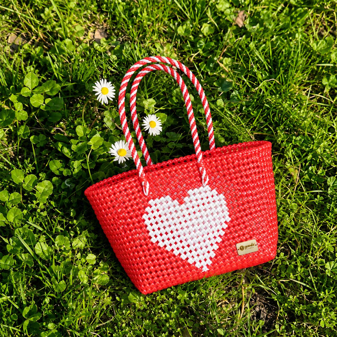 "Love Is In The Air" Red & White Heart Mukhya Knot Handmade Koodai Tote Bag With Candy Plastic Handle