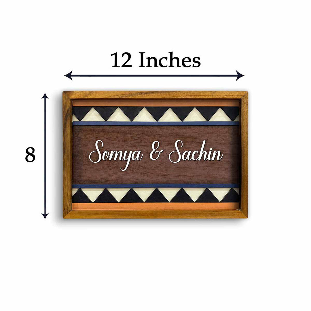 Wooden Personalized Framed Nameplate For Couples - Front View with Dimensions