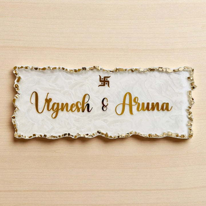 White & Gold Personalized Marble Effect Rectangle Resin Name Plate | With 3D Acrylic Letters & Gold Stone Embellishment