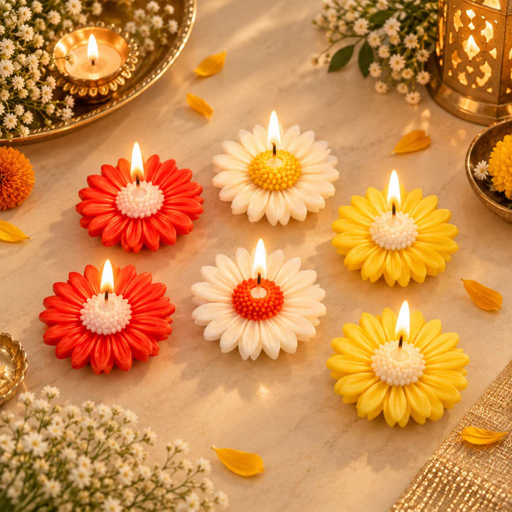 6 pc | Handmade Daisy Flower Soy Wax Floating Candle For Festive Decor