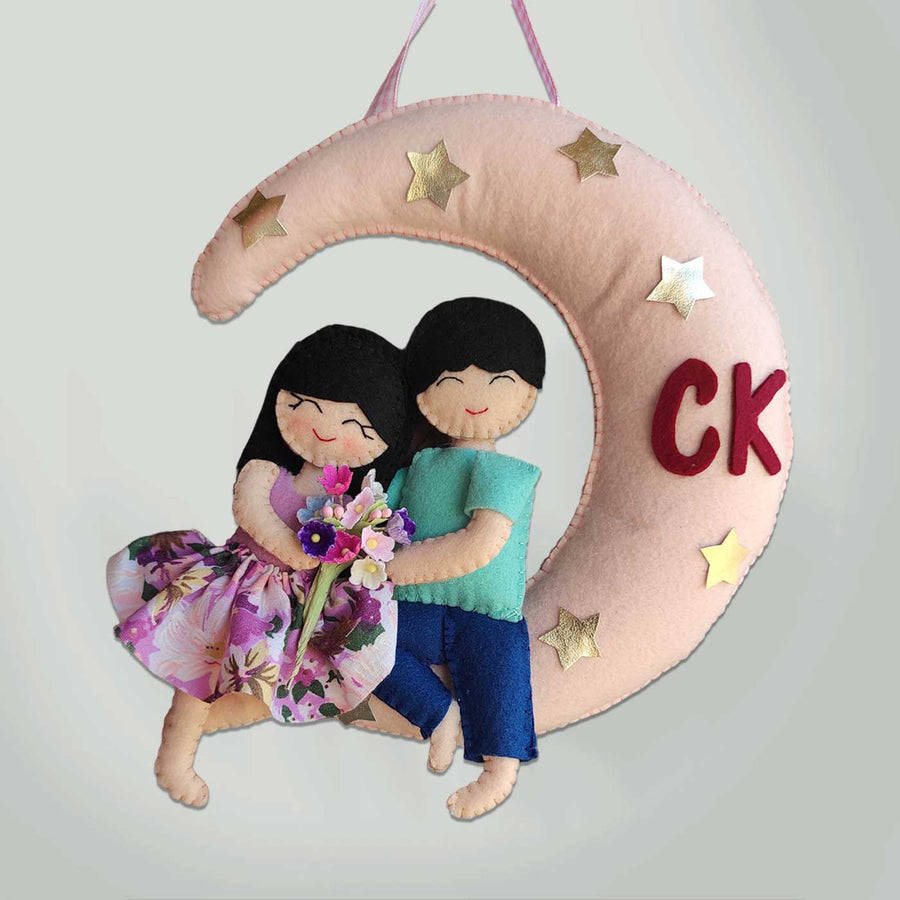 Personalized Handmade Couple Moon Felt Name Plate - Hanging Front View with Initials