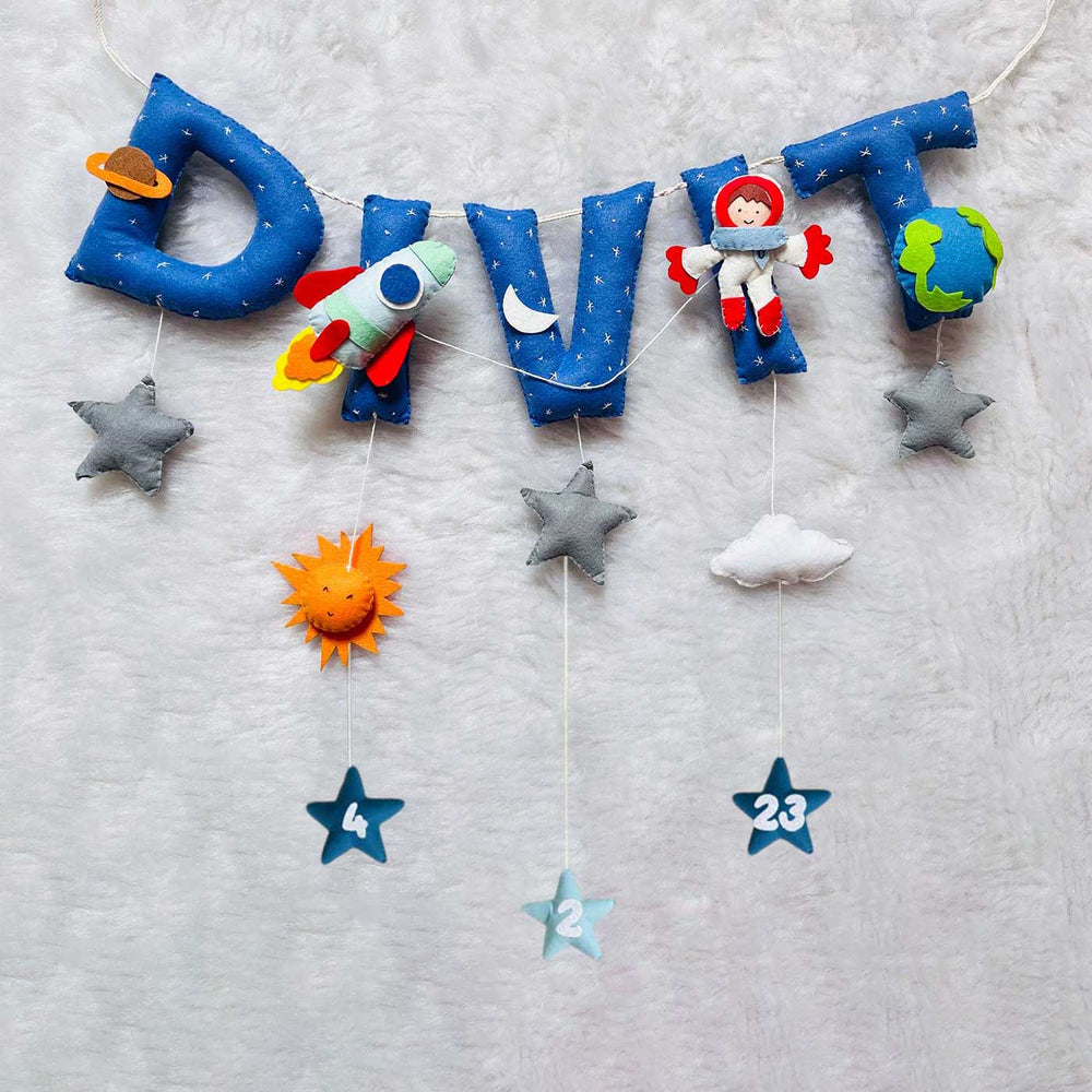 Handcrafted Personalized Space Themed Bunting For Kids - Hanging Name Garland Front View
