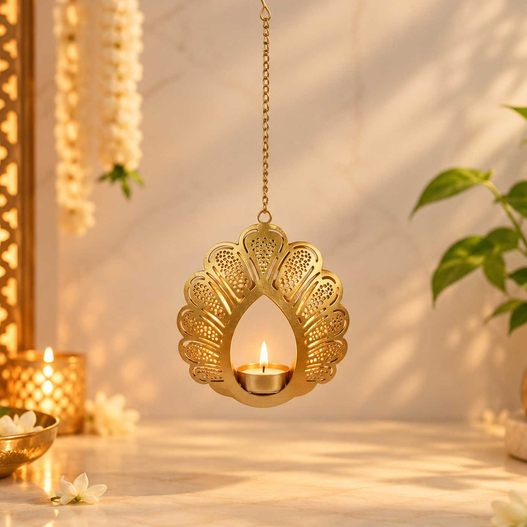 Handmade Flower Etched Hanging Metal Tealight Holder For Festive Decor
