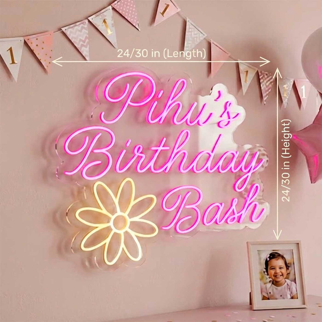 Personalized Birthday Bash Neon Light Sign Board with Flower Motif