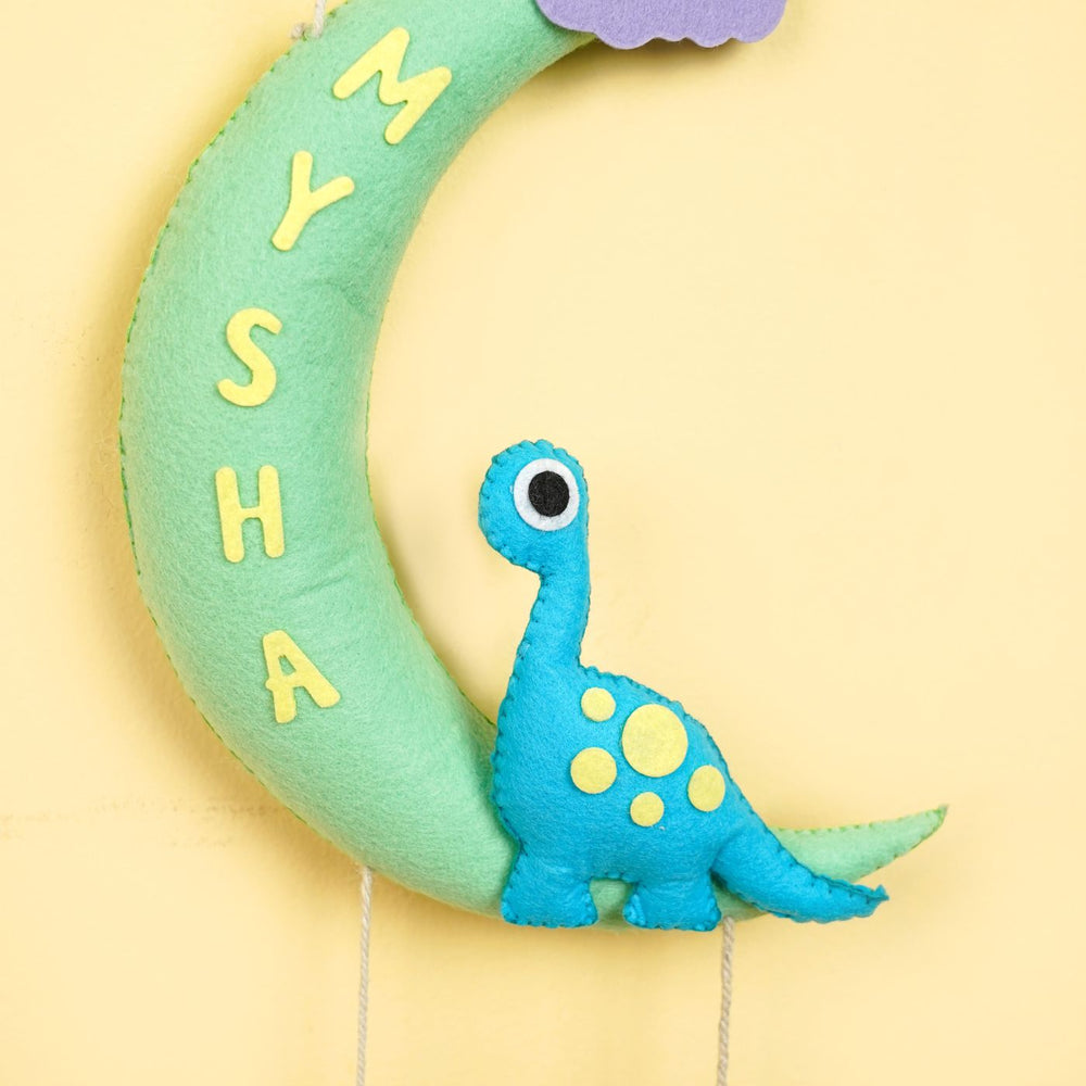Handmade Dino On The Moon Kids Felt Name Hanging - Front View with Name Personalization