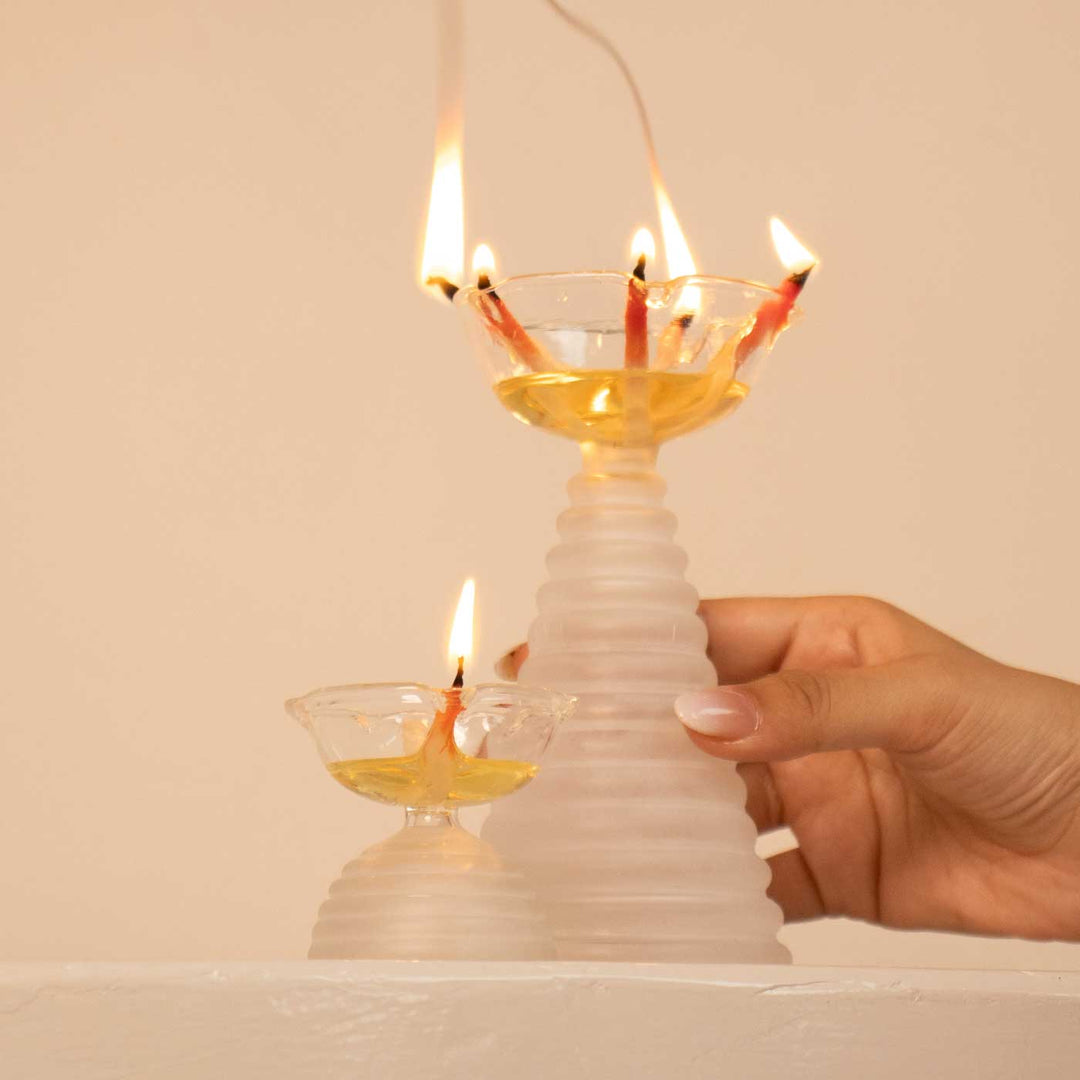 Handmade Clear Frosted Borosilicate Glass Oil Lamp / Diya | 5.9 inch