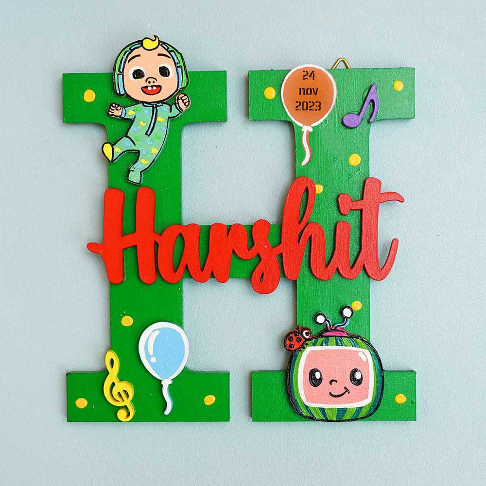 Hand Painted Personalised Kids Cocomelon Balloon Themed Monogram Name Plate - Front View Name Personalization Example