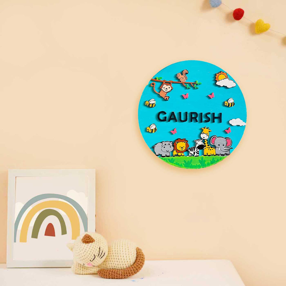 Personalized Hand Painted Animals Mdf Wood Kids Name Plate - Front View with Name Personalization
