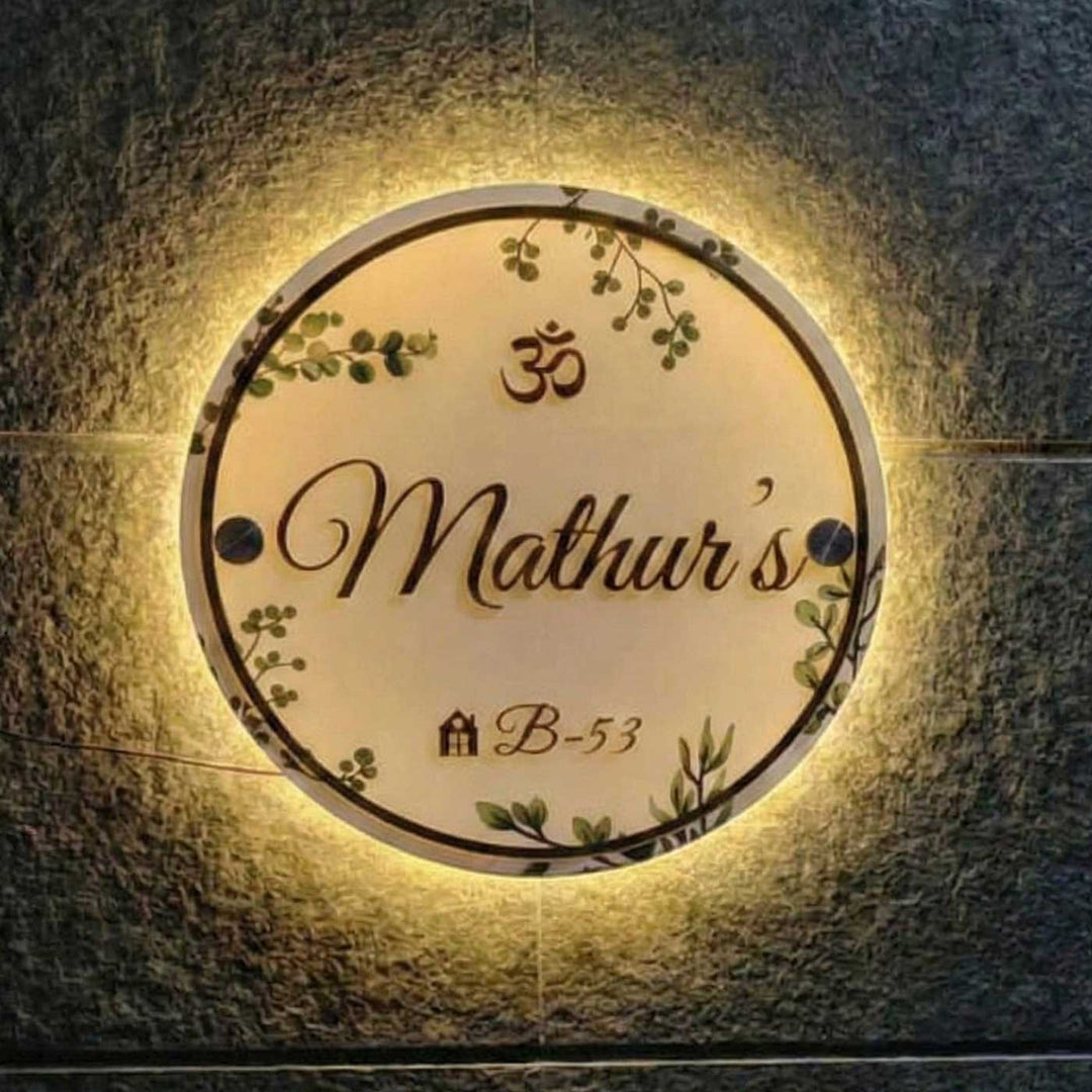 Personalized Handmade Leaf Printed Circular Acrylic Name Plate With Lights