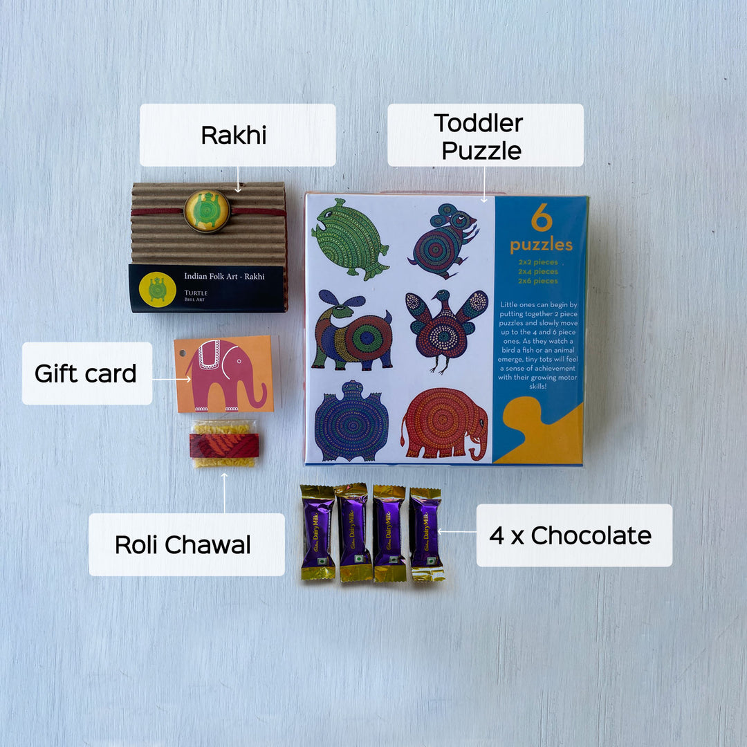 Handcrafted Folk Art Rakhi Hamper For Toddlers With Rice Roli Haldi 2 - Labeled product components