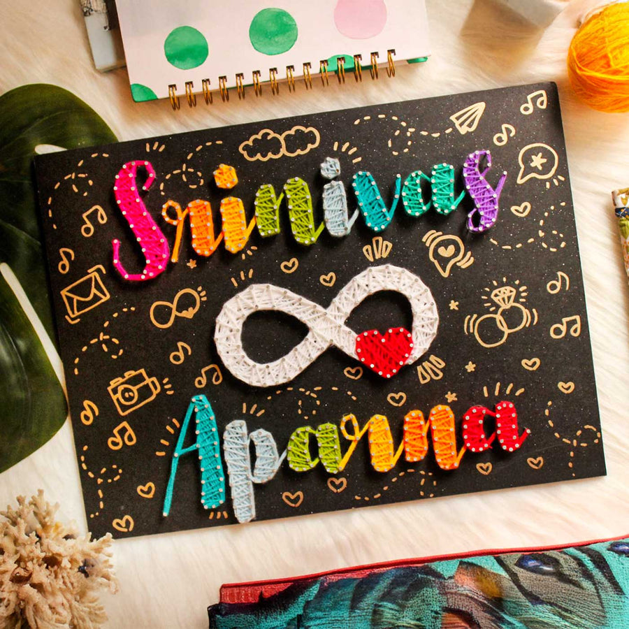 Personalized String Art Couples Infinity Love Mdf Wood Name Plate - Top View Showing Personalized String Art