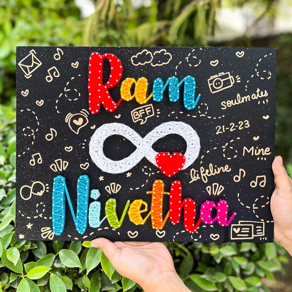 Personalized String Art Couples Infinity Love Mdf Wood Name Plate - Front View Held by Hands
