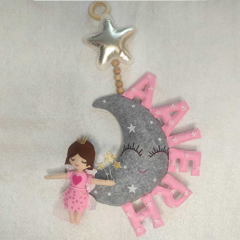Personalized Handmade Fairy Moon Felt Name Plate - Top-down Hanging Placement View