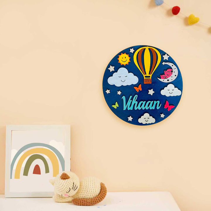 Personalized Hand Painted Hot Air Balloon In The Sky Mdf Wood Kids Name Plate - Mounted on Wall with Name Personalization