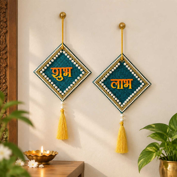 2 Pc |  Handcrafted Traditional Khun Fabric Shubh Labh Wall Hanging For Festive Decor