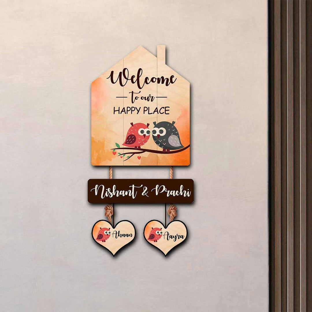 Printed Wooden House Shaped Owl Nameplate For Family With 2 Children - Mounted on Wall with Name Personalization