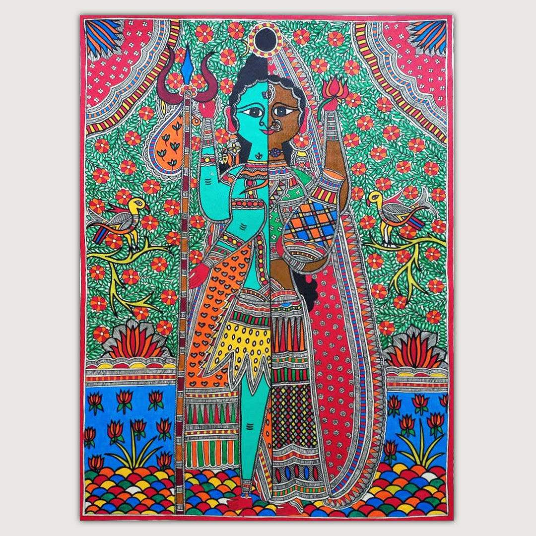 22 x 30 Inch | Half Shiva, Half Shakti | Original Hand Painted Madhubani Painting | Natural Pigments On Paper