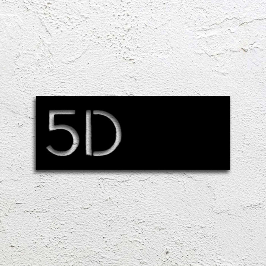 Personalized Laser Cut Minimalist Design Steel Name Plate 20 - Mounted on Textured Wall Front View