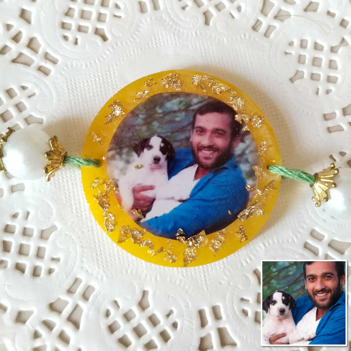 Photo Personalized Pet Brother Design Resin Rakhi - Front View with Photo Insert