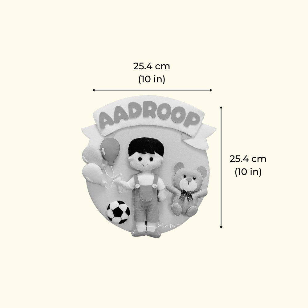 Hand Stitched Teddy Sports Themed Round Felt Kids Name Plate For Boys - Dimension Chart with Name Personalization