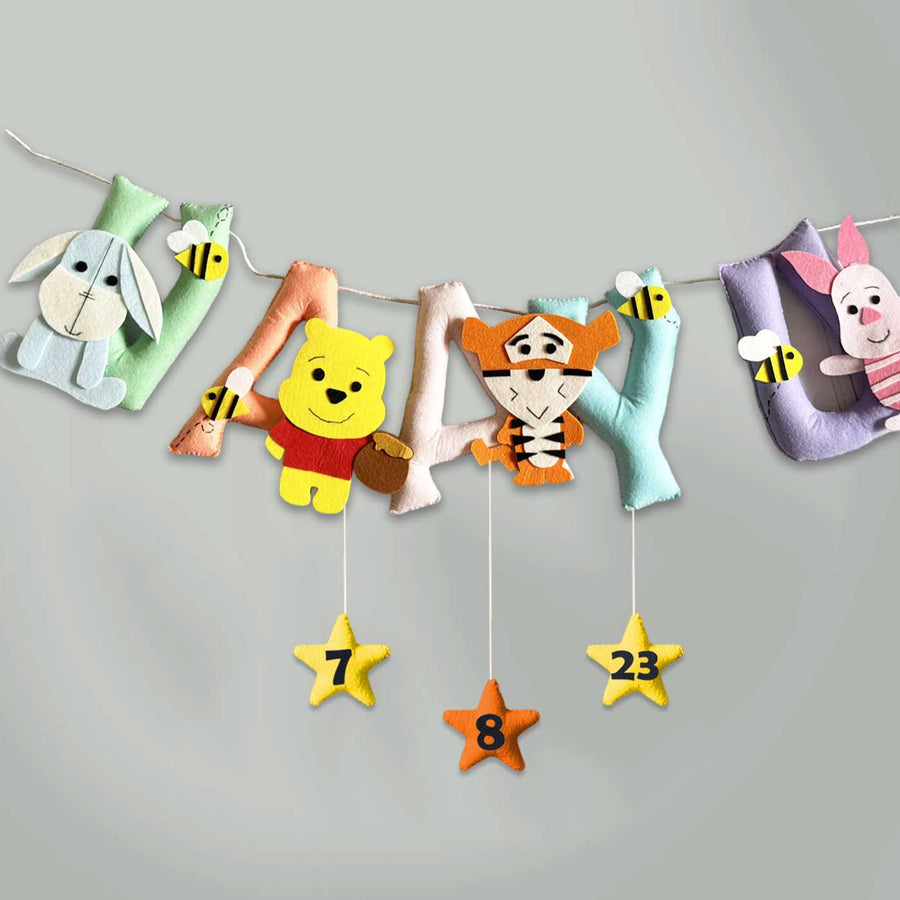 Personalized Felt Kids Winnie The Pooh Themed Nameplate - Hanging Banner Front View