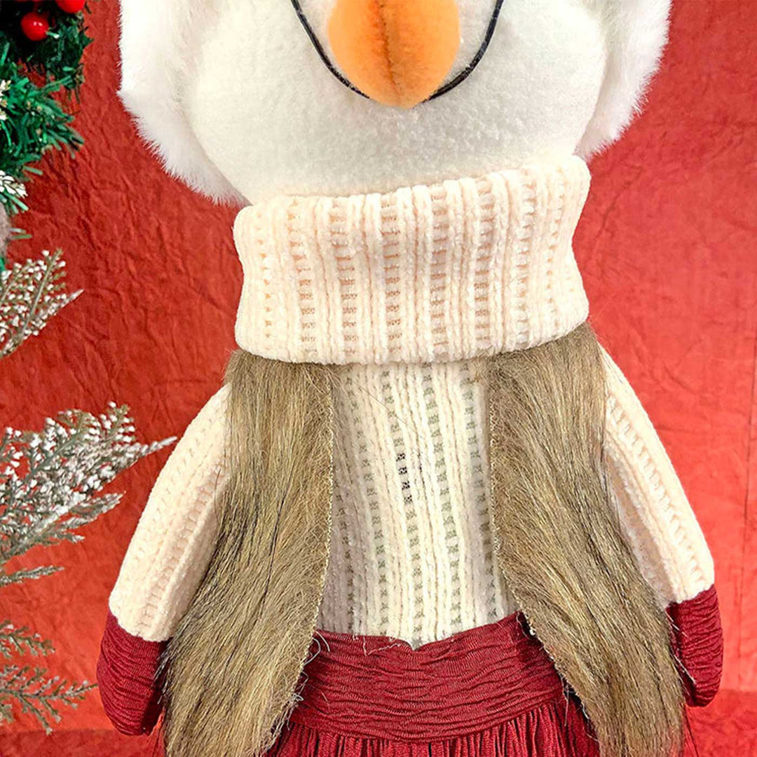Cream Maroon Gold Self-Standing Snowman Woolen Decor For Christmas Table Decoration