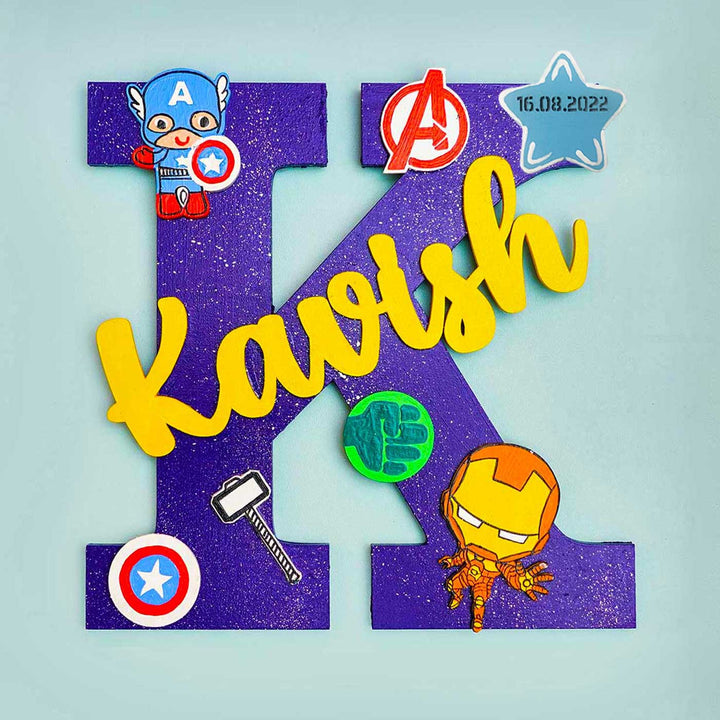 Hand Painted Personalised Kids Superhero Themed Monogram Name Plate - Front View with Name Personalization