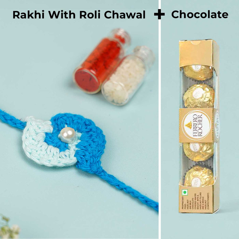 Customized Handmade Crochet Spiral Rakhi With Roli Chawal For Brother - Front View with Chocolate Packaging (2)
