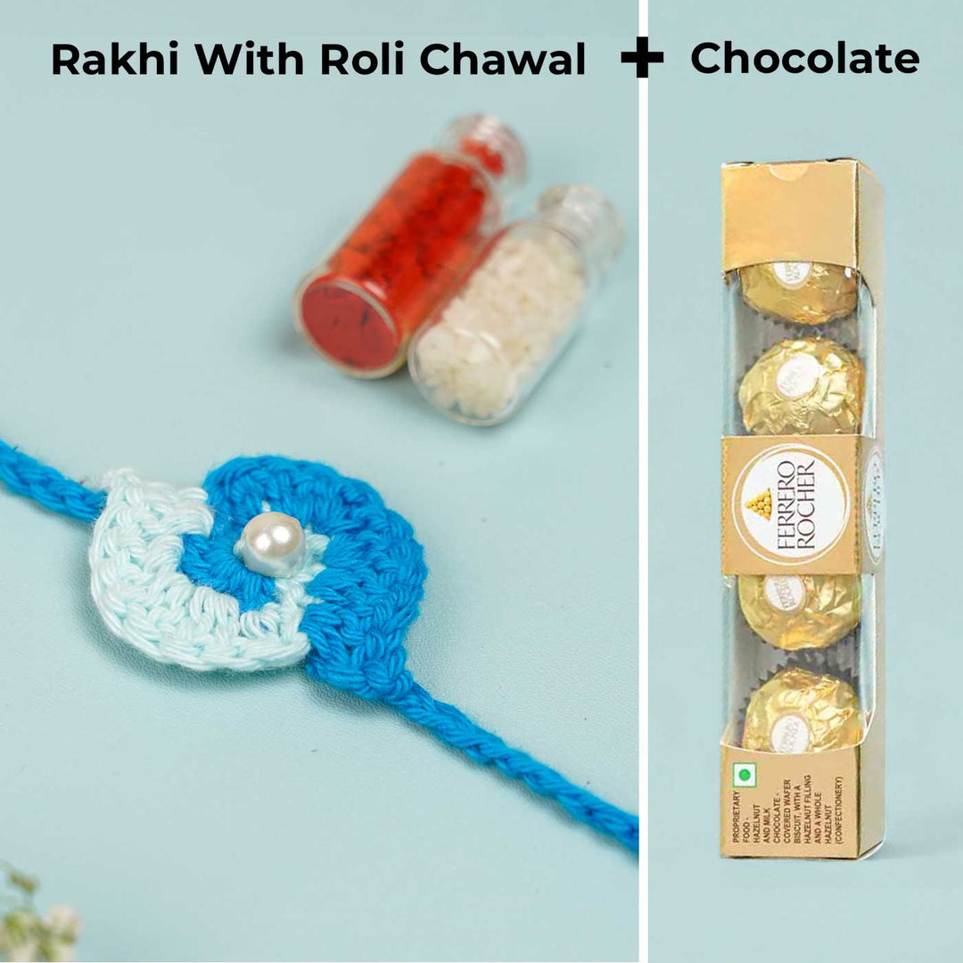 Customized Handmade Crochet Spiral Rakhi With Roli Chawal For Brother - Front View with Chocolate Packaging (2)