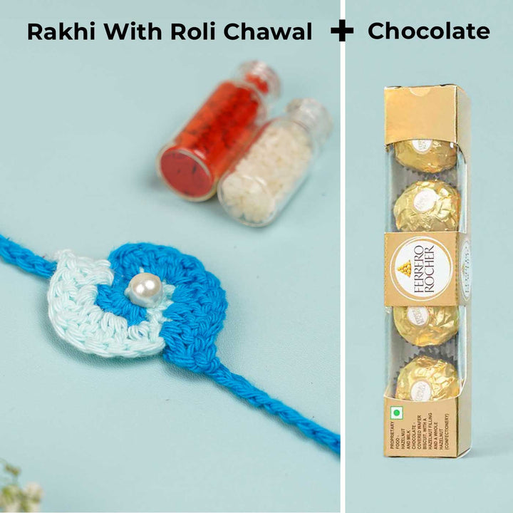 Customized Handmade Crochet Spiral Rakhi With Roli Chawal For Brother - Front View with Chocolate Packaging (2)