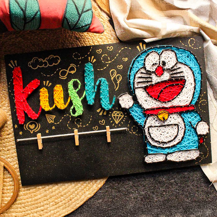 Personalized String Art Doraemon Mdf Wood Name Plate - Top Angle Showing Full Design