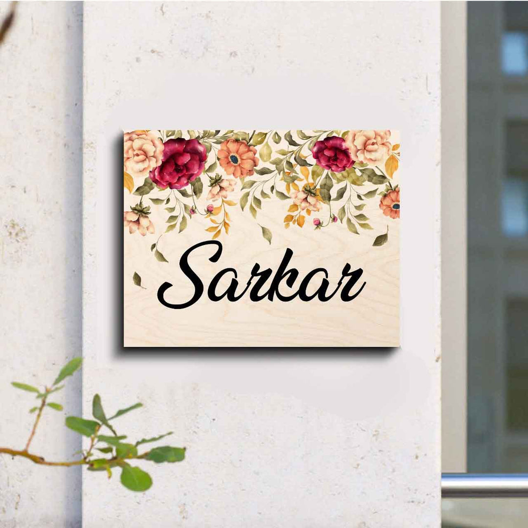 Printed Floret Wooden Rectangle Nameplate - Mounted on Outdoor Wall Close-up