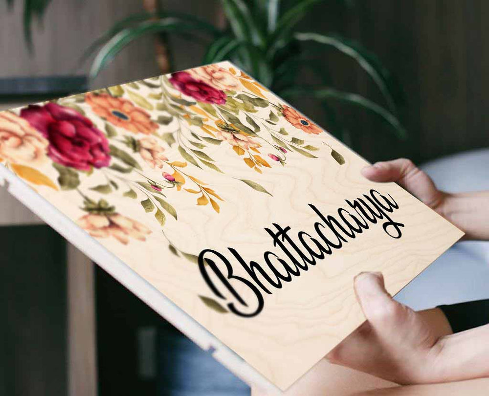 Printed Floret Wooden Rectangle Nameplate - Angle Showing Name Personalization