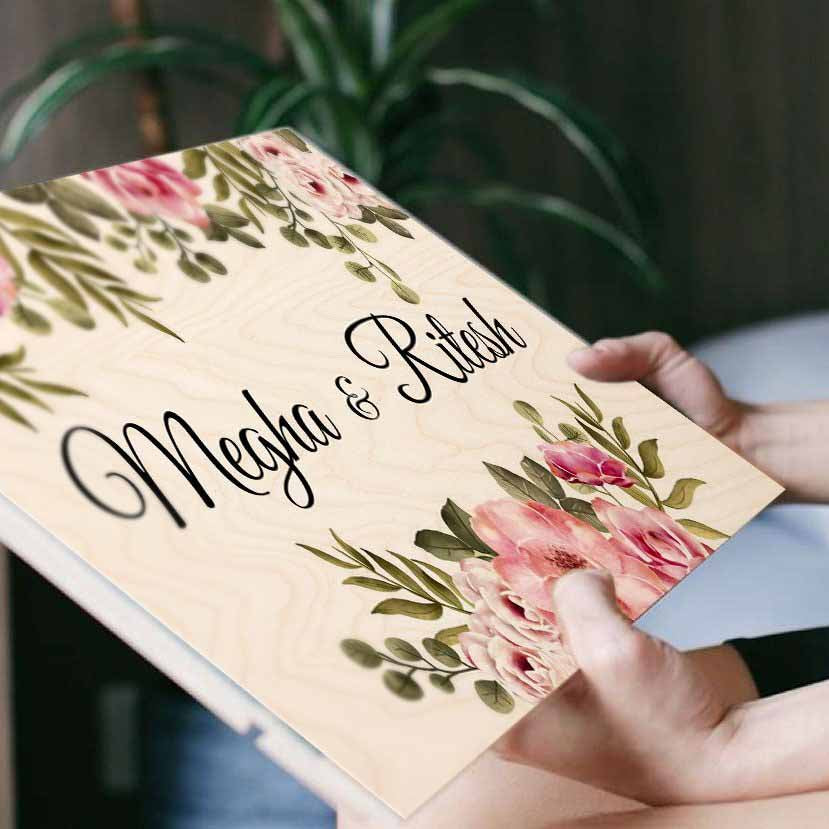 Printed Floral Wooden Rectangle Nameplate - Name Personalization Example Held Hands