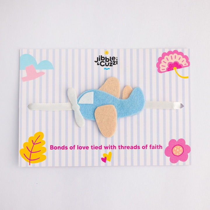 Handmade Shaun The Skyglider Felt Kids Rakhi - Front View with Branding and Text