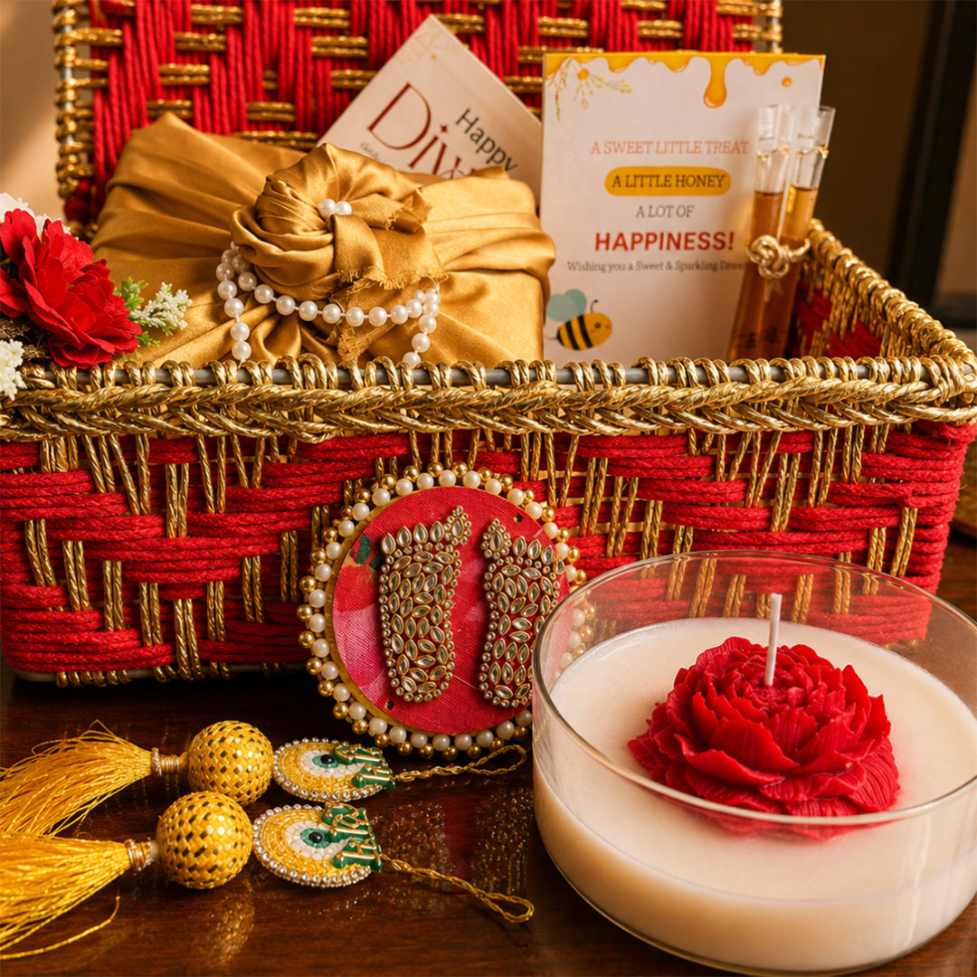 Crimson Bloom Red Basket Diwali Gift Hamper With Red Flower Soy Wax Candle And German Silver Tealight Holder For Festive Gifting