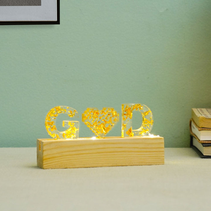 Handmade Resin White Gold Tabletop Name Plate With Couple Initials Led Lights - Front View on Wooden Base (7)