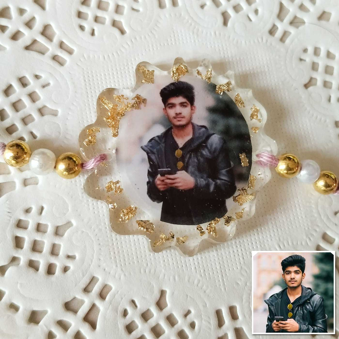 Photo Personalized Flower Shape Resin Rakhi - Close-up of Customized Charm