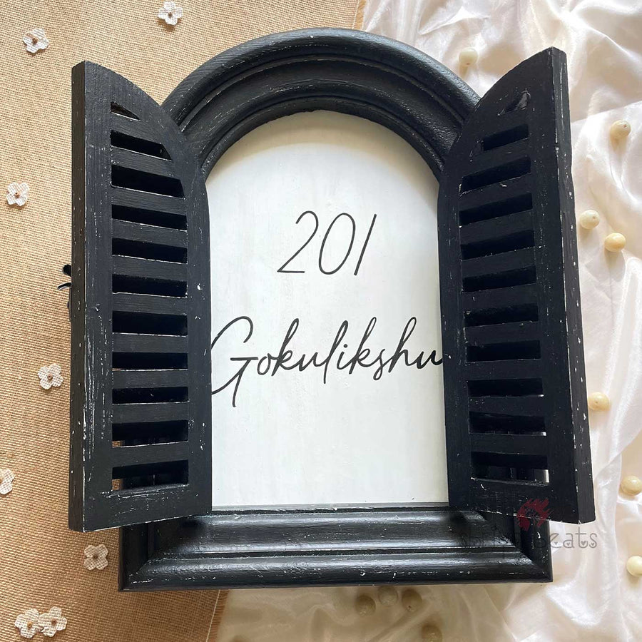 Arched Vintage Window Nameboard Copy 2 - Front View with Open Shutters