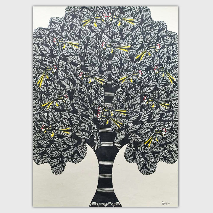 22 x 30 Inch | Birds In Tree | Original Hand Painted Madhubani Painting | Natural Pigments On Paper