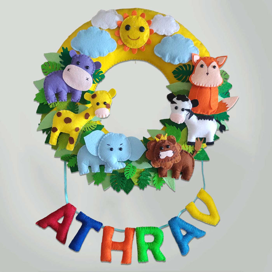 Personalized Handmade Round Jungle Theme Felt Nameplate - Front View Hanging Wall Decoration