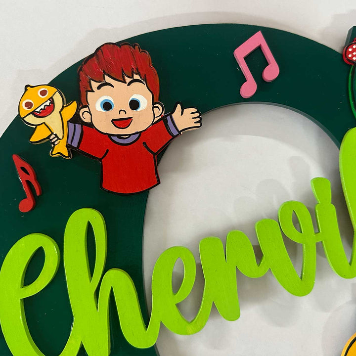 10 Inch Personalized Hand Painted Superhero Cocomelon Siblings Adventure Mdf Wood Monogram With 3D Letters - Character and Name Close-up View