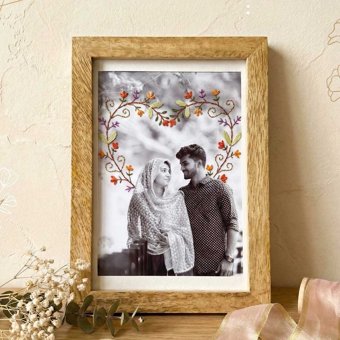 Knot Hearts Design Hand Embroidered Photo With Wooden Frame