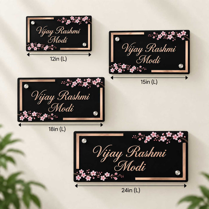 Cherry Blossom Elegance Personalized Black Rectangle Acrylic Name Plate For Home